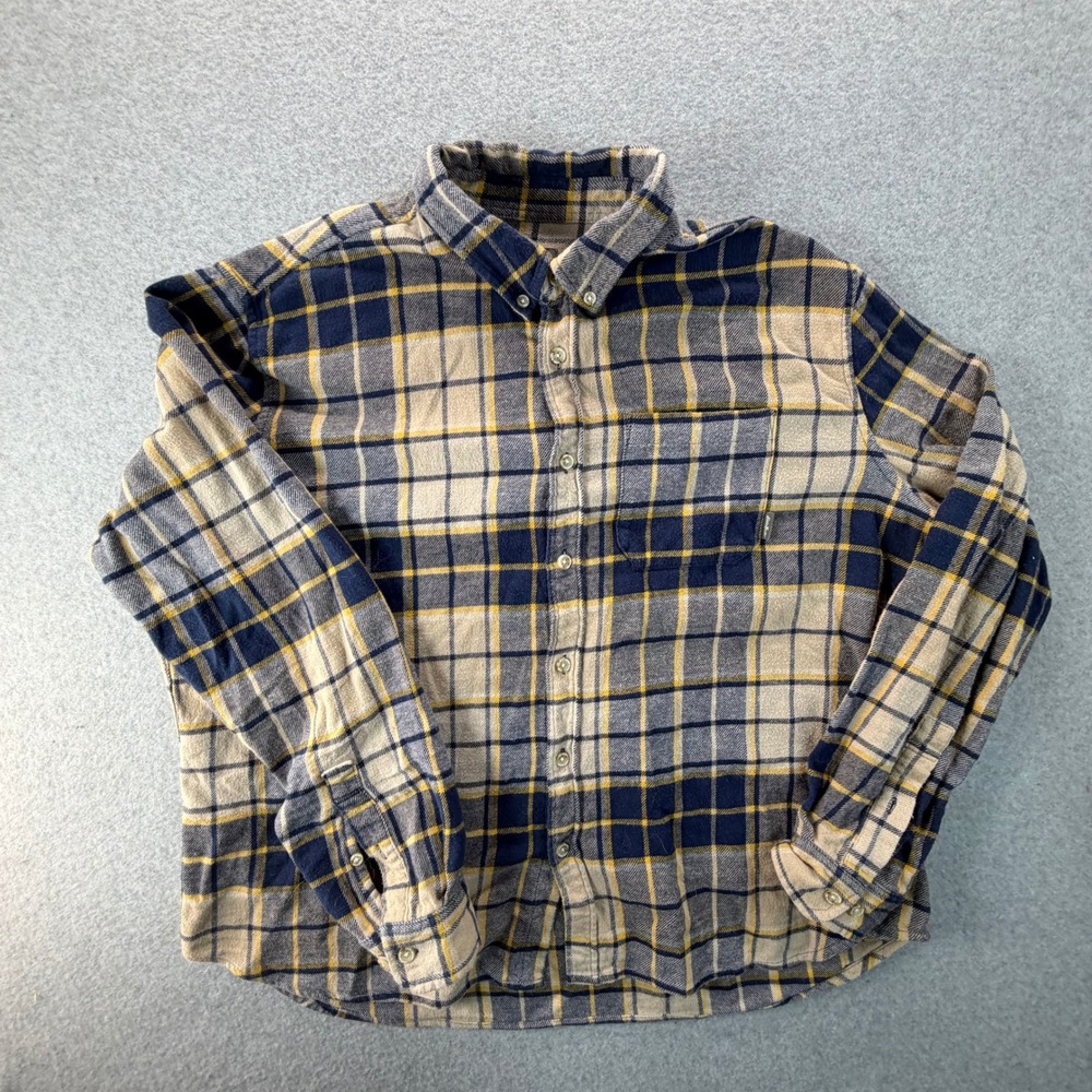 Eddie Bauer Mens XXL Blue Tan Yellow Plaid Flannel Button Down Shirt EM32LW202